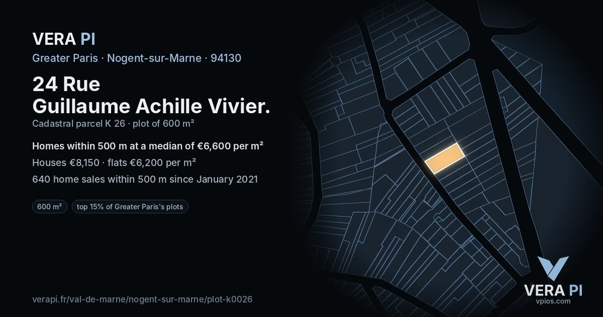 24 Rue Guillaume Achille Vivier, Nogent-sur-Marne at night – the plot lit, the parcels around coloured by the prices near them