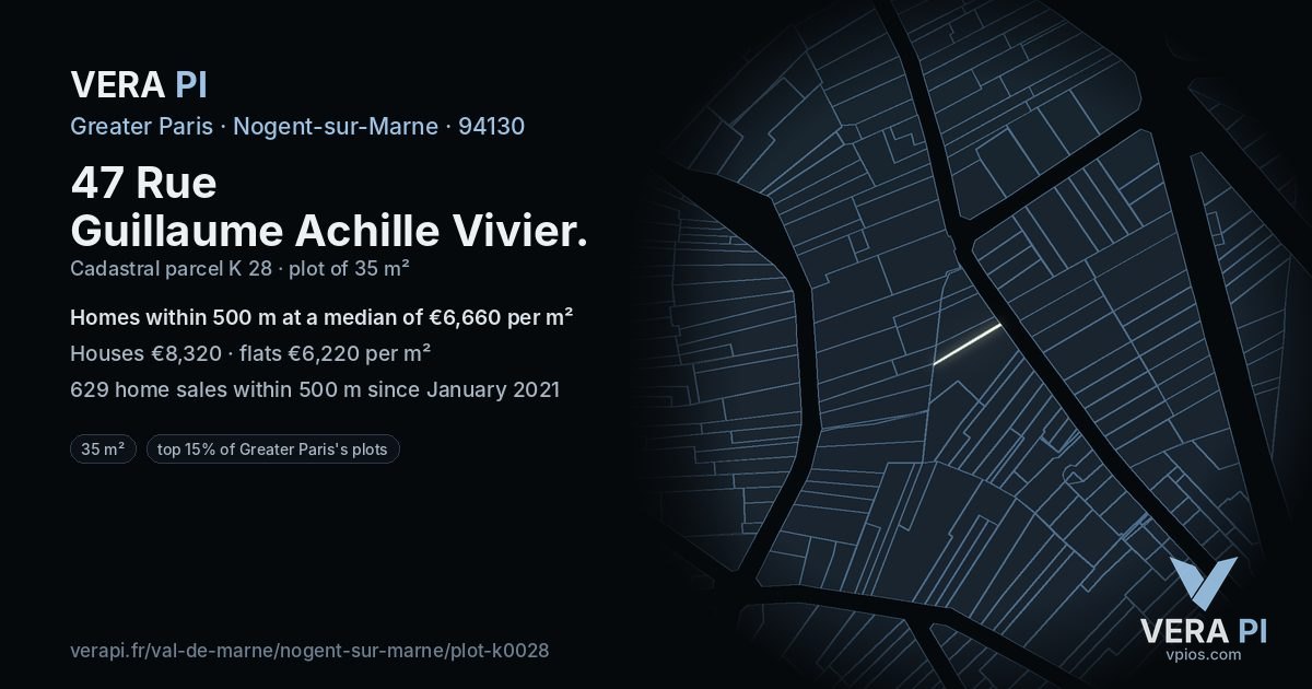 47 Rue Guillaume Achille Vivier, Nogent-sur-Marne at night – the plot lit, the parcels around coloured by the prices near them