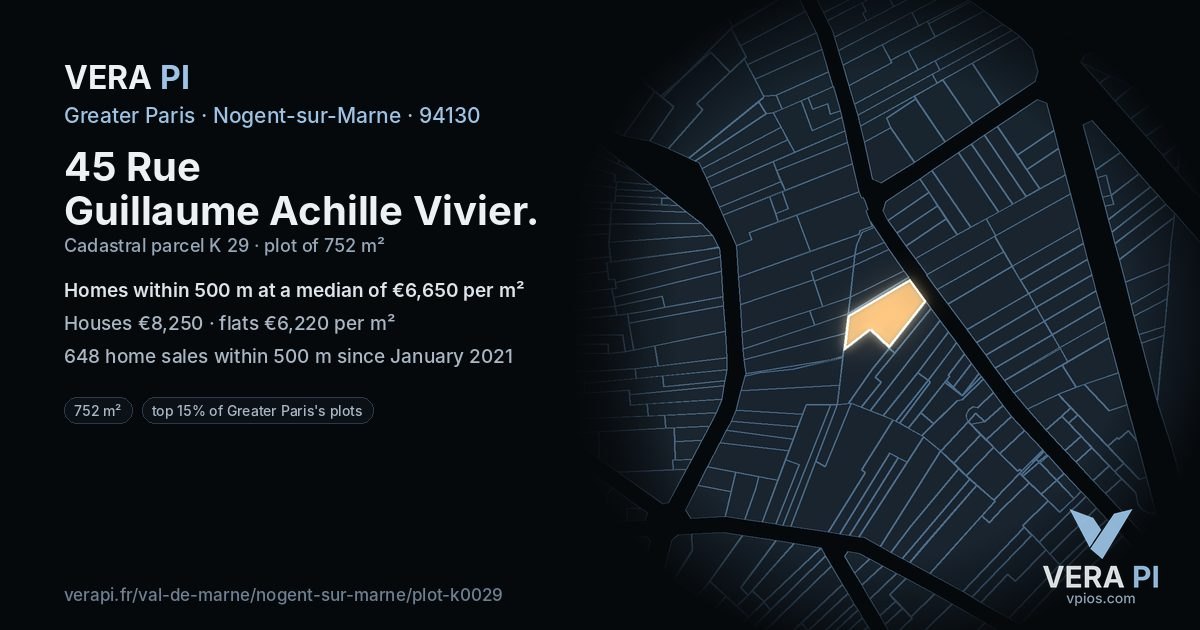 45 Rue Guillaume Achille Vivier, Nogent-sur-Marne at night – the plot lit, the parcels around coloured by the prices near them