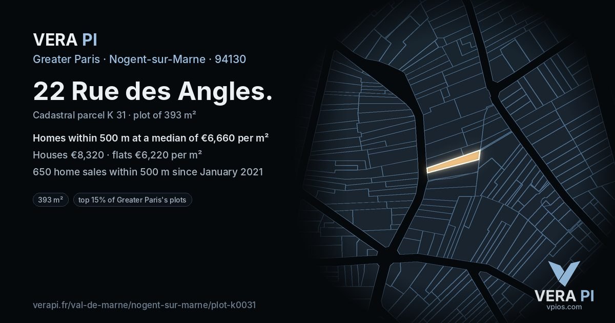 22 Rue des Angles, Nogent-sur-Marne at night – the plot lit, the parcels around coloured by the prices near them