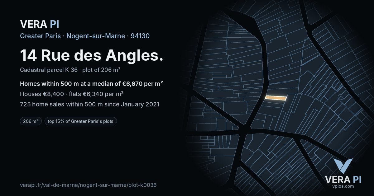 14 Rue des Angles, Nogent-sur-Marne at night – the plot lit, the parcels around coloured by the prices near them
