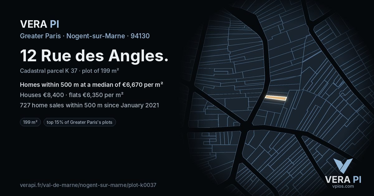 12 Rue des Angles, Nogent-sur-Marne at night – the plot lit, the parcels around coloured by the prices near them
