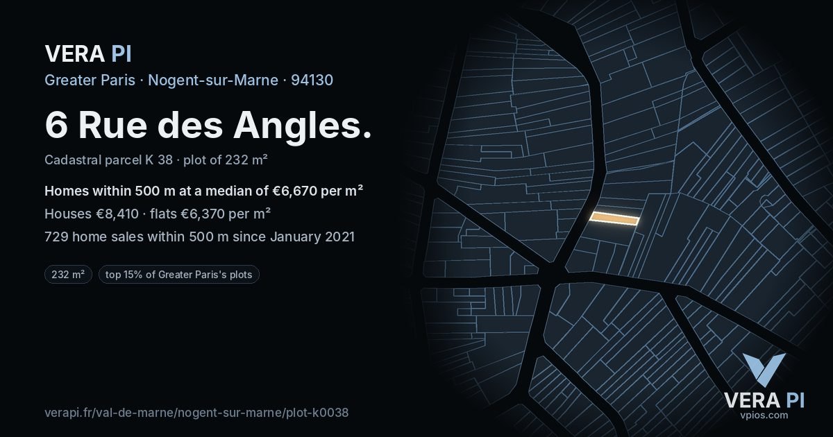 6 Rue des Angles, Nogent-sur-Marne at night – the plot lit, the parcels around coloured by the prices near them