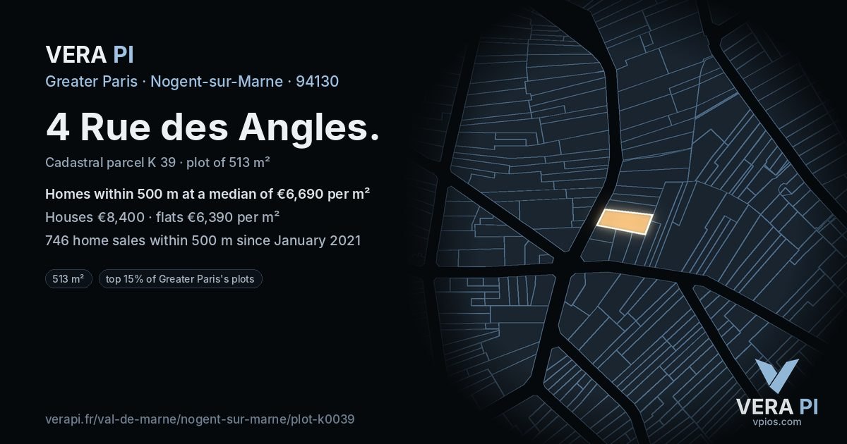 4 Rue des Angles, Nogent-sur-Marne at night – the plot lit, the parcels around coloured by the prices near them