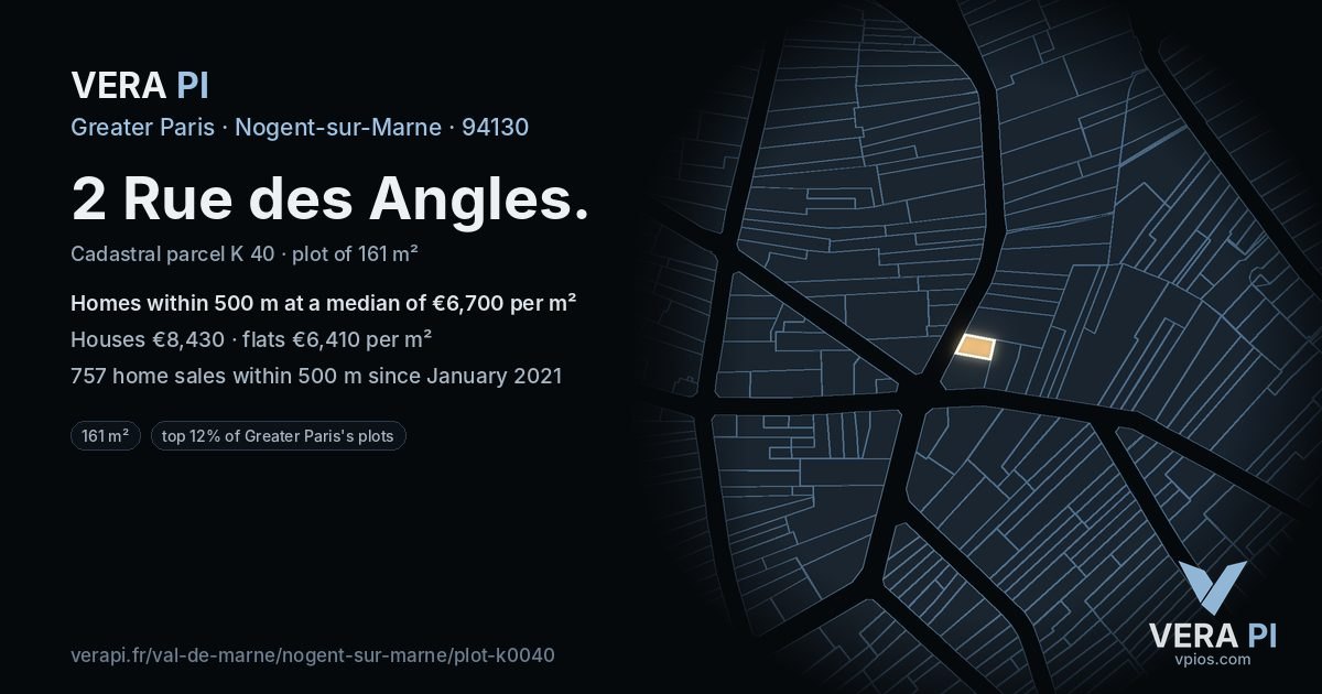 2 Rue des Angles, Nogent-sur-Marne at night – the plot lit, the parcels around coloured by the prices near them