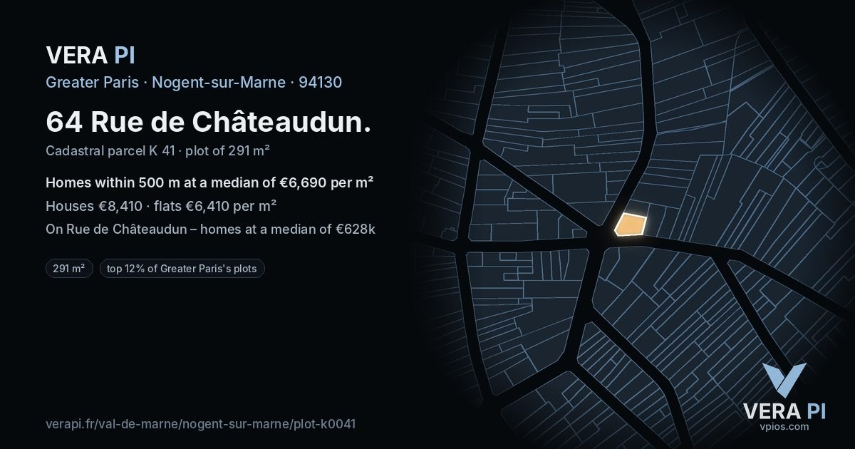 64 Rue de Châteaudun, Nogent-sur-Marne at night – the plot lit, the parcels around coloured by the prices near them