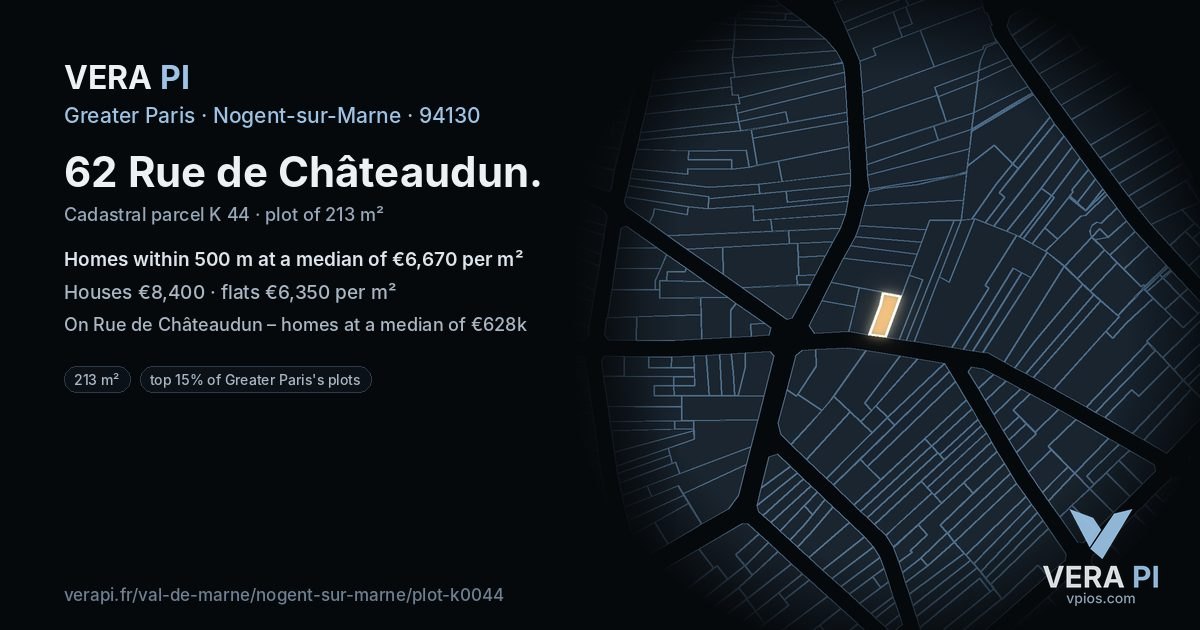62 Rue de Châteaudun, Nogent-sur-Marne at night – the plot lit, the parcels around coloured by the prices near them