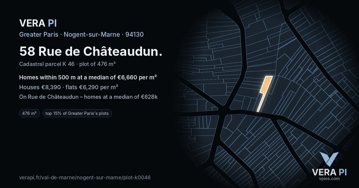 58 Rue de Châteaudun, Nogent-sur-Marne at night – the plot lit, the parcels around coloured by the prices near them