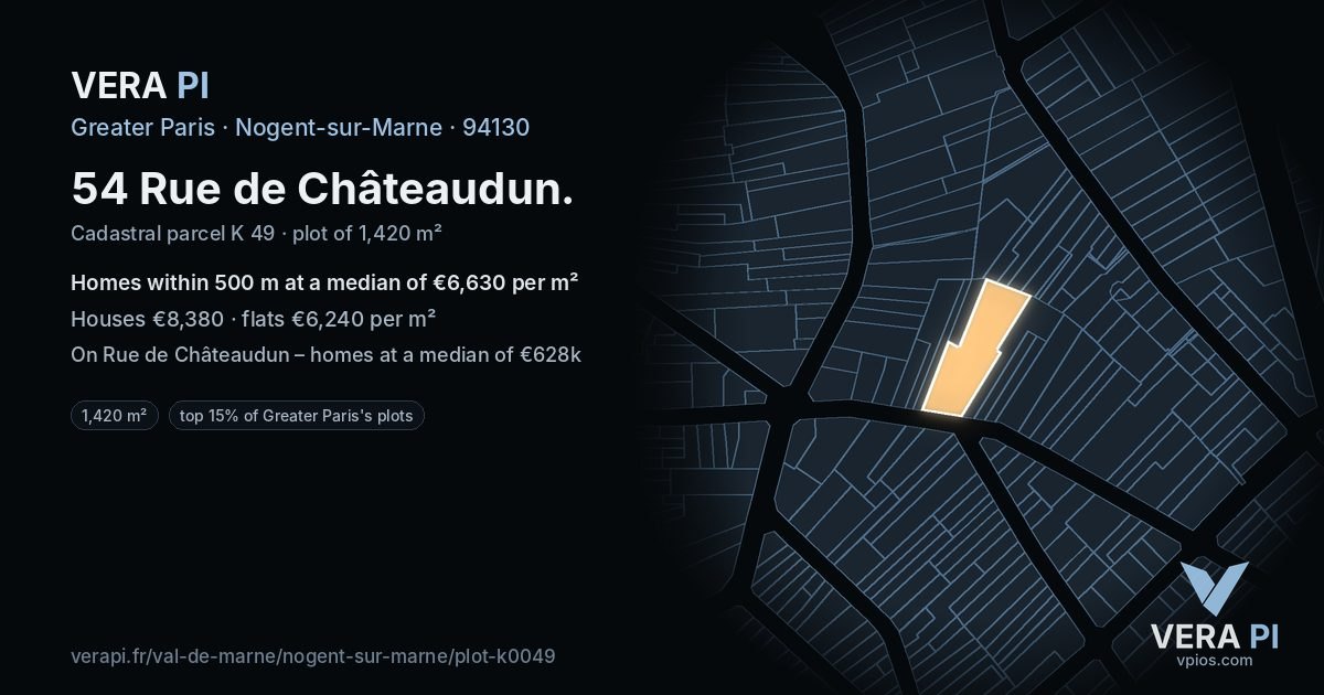 54 Rue de Châteaudun, Nogent-sur-Marne at night – the plot lit, the parcels around coloured by the prices near them