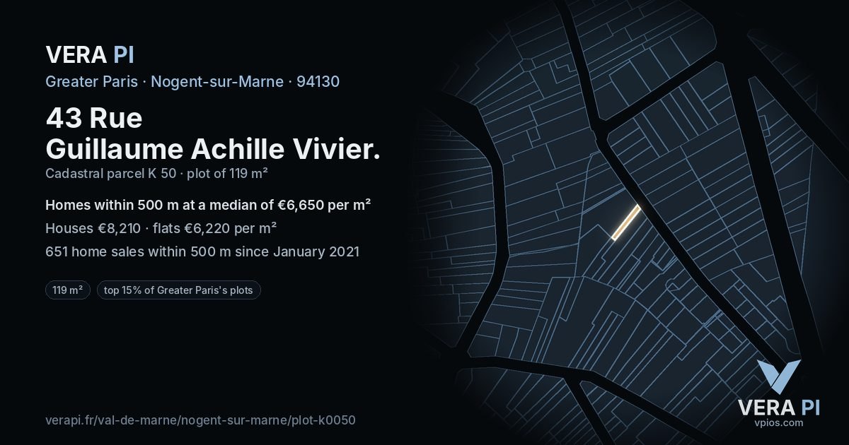 43 Rue Guillaume Achille Vivier, Nogent-sur-Marne at night – the plot lit, the parcels around coloured by the prices near them