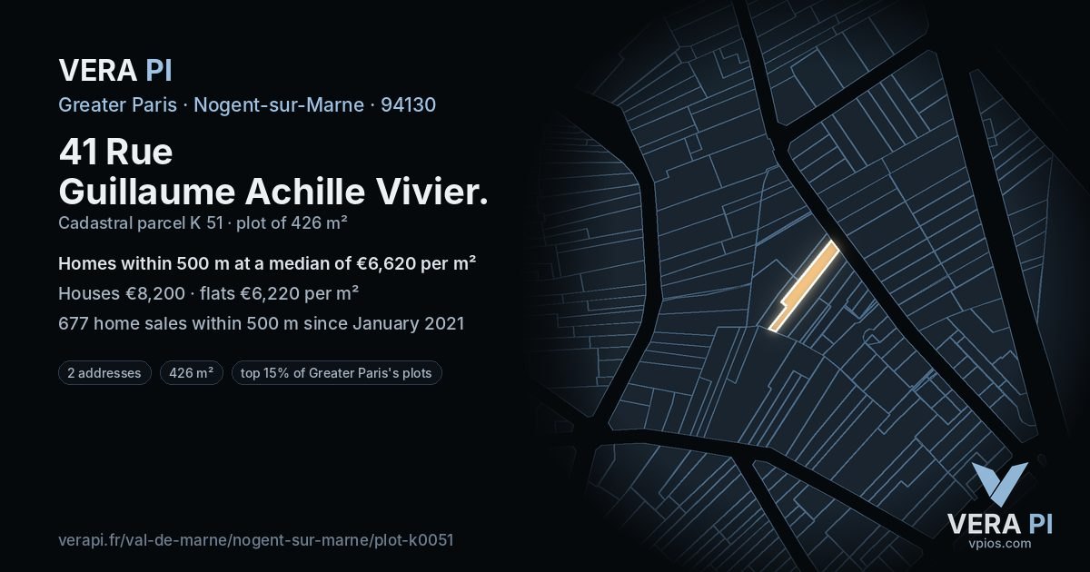 41 Rue Guillaume Achille Vivier, Nogent-sur-Marne at night – the plot lit, the parcels around coloured by the prices near them