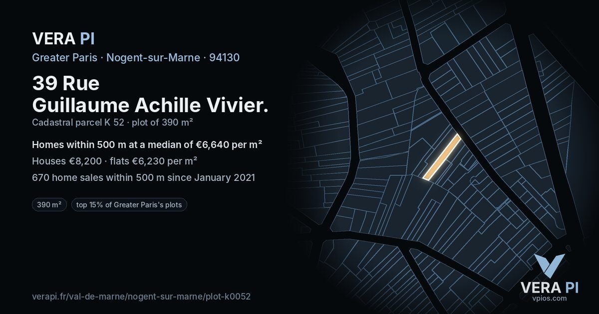 39 Rue Guillaume Achille Vivier, Nogent-sur-Marne at night – the plot lit, the parcels around coloured by the prices near them