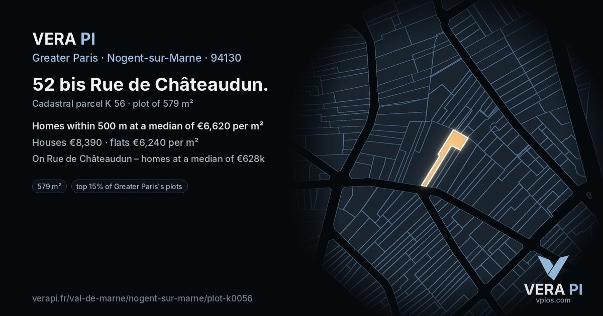 52 bis Rue de Châteaudun, Nogent-sur-Marne at night – the plot lit, the parcels around coloured by the prices near them