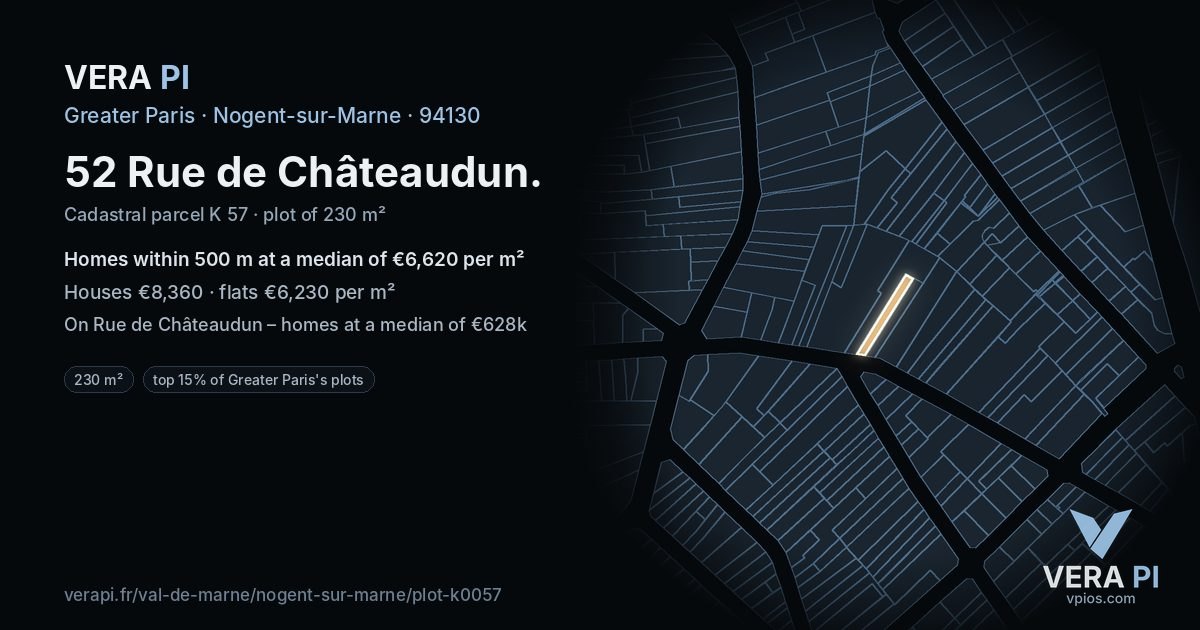 52 Rue de Châteaudun, Nogent-sur-Marne at night – the plot lit, the parcels around coloured by the prices near them