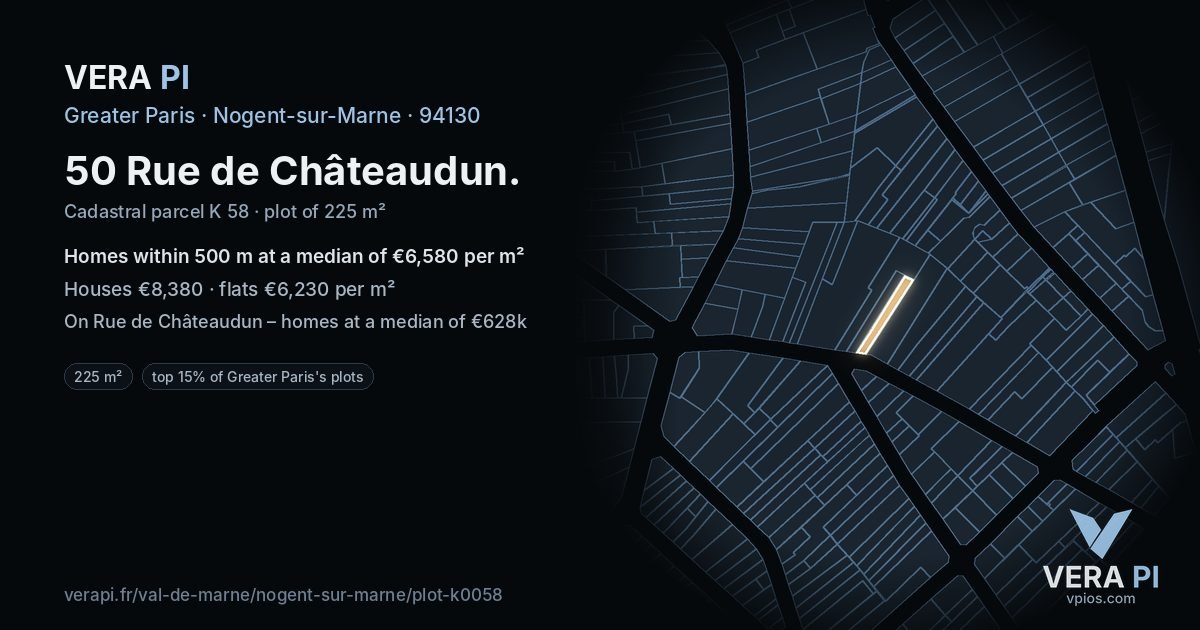 50 Rue de Châteaudun, Nogent-sur-Marne at night – the plot lit, the parcels around coloured by the prices near them