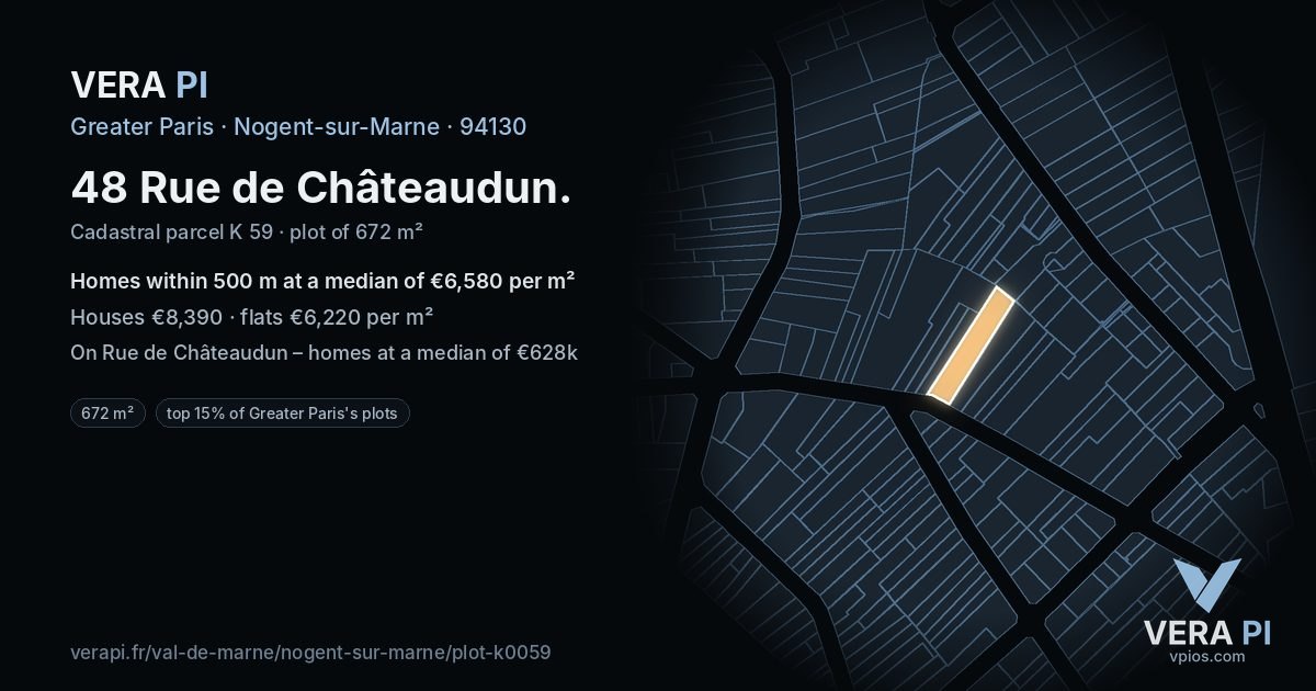 48 Rue de Châteaudun, Nogent-sur-Marne at night – the plot lit, the parcels around coloured by the prices near them