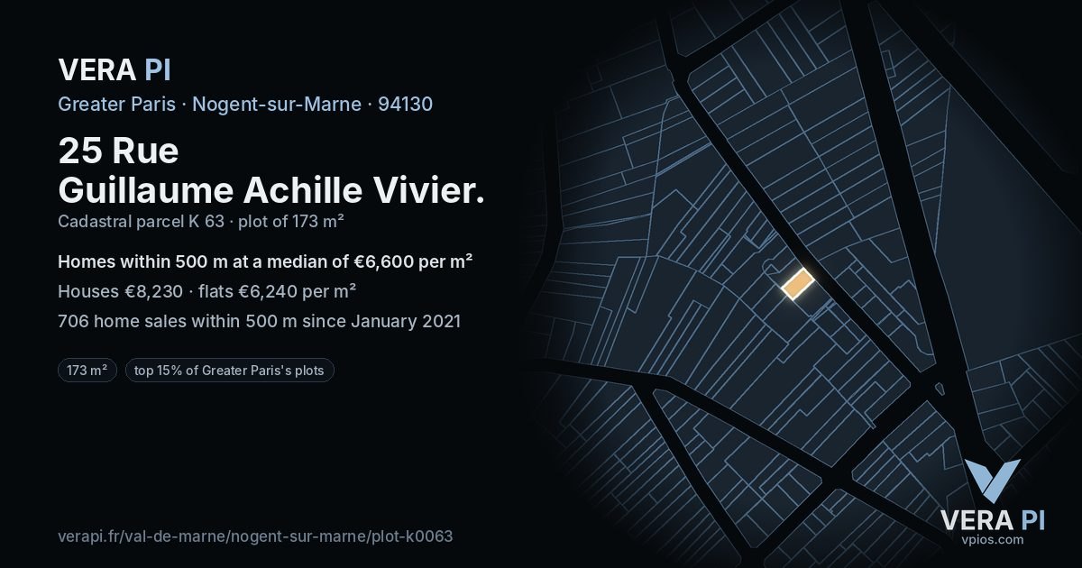 25 Rue Guillaume Achille Vivier, Nogent-sur-Marne at night – the plot lit, the parcels around coloured by the prices near them