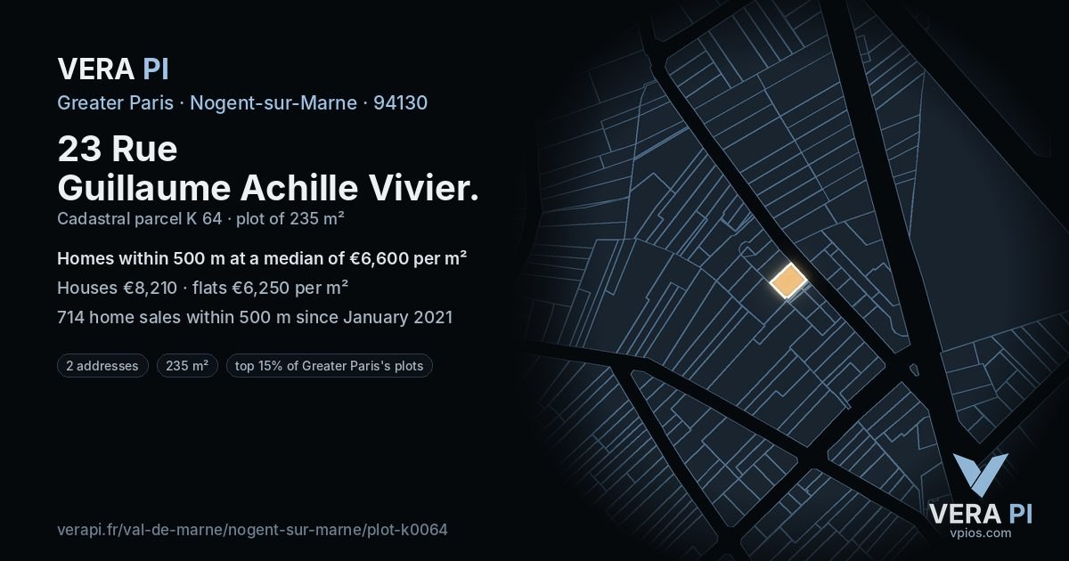 23 Rue Guillaume Achille Vivier, Nogent-sur-Marne at night – the plot lit, the parcels around coloured by the prices near them