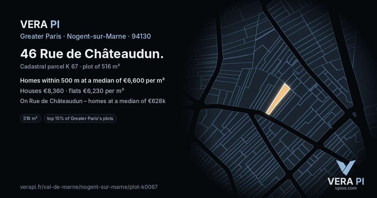 46 Rue de Châteaudun, Nogent-sur-Marne at night – the plot lit, the parcels around coloured by the prices near them