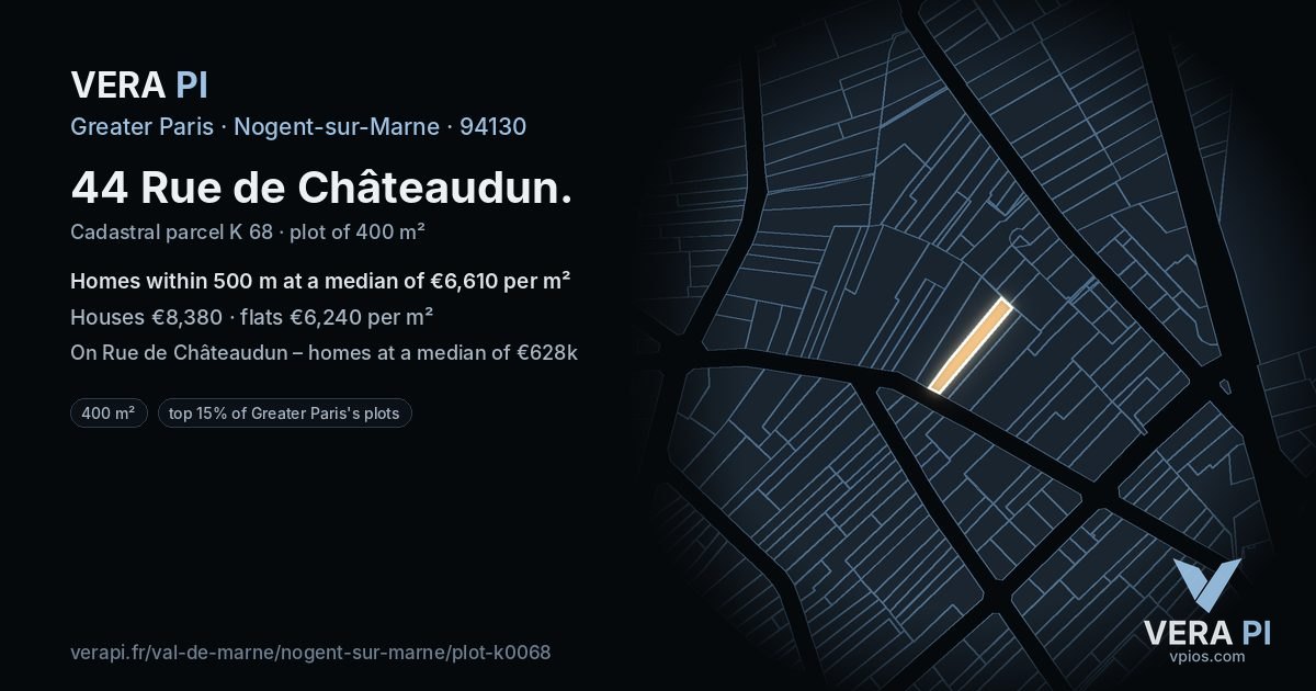 44 Rue de Châteaudun, Nogent-sur-Marne at night – the plot lit, the parcels around coloured by the prices near them