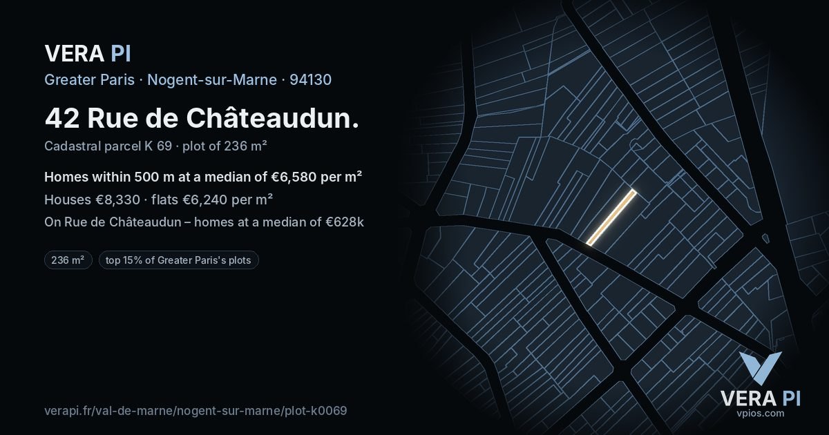 42 Rue de Châteaudun, Nogent-sur-Marne at night – the plot lit, the parcels around coloured by the prices near them