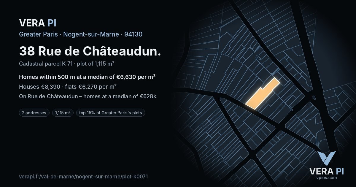 38 Rue de Châteaudun, Nogent-sur-Marne at night – the plot lit, the parcels around coloured by the prices near them