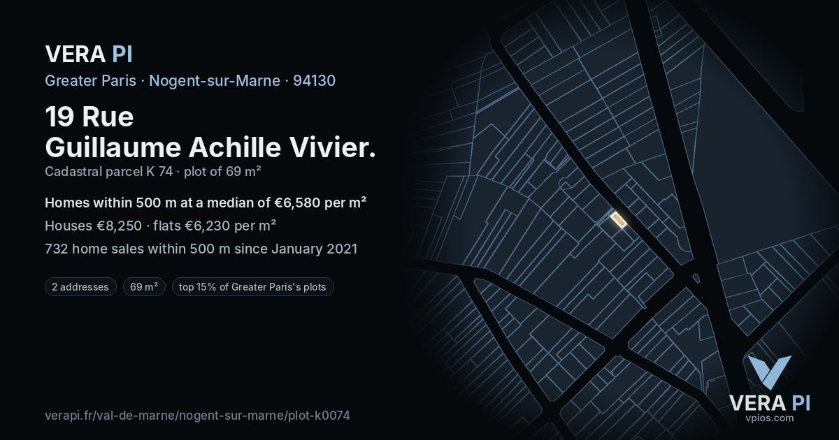 19 Rue Guillaume Achille Vivier, Nogent-sur-Marne at night – the plot lit, the parcels around coloured by the prices near them
