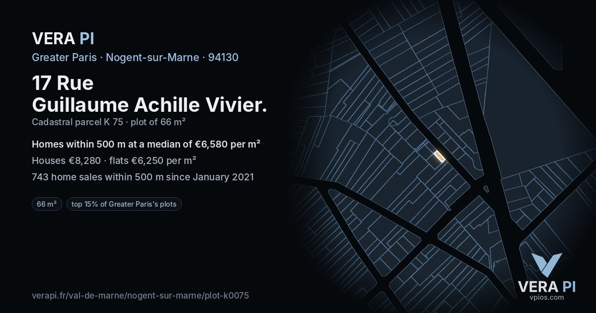 17 Rue Guillaume Achille Vivier, Nogent-sur-Marne at night – the plot lit, the parcels around coloured by the prices near them
