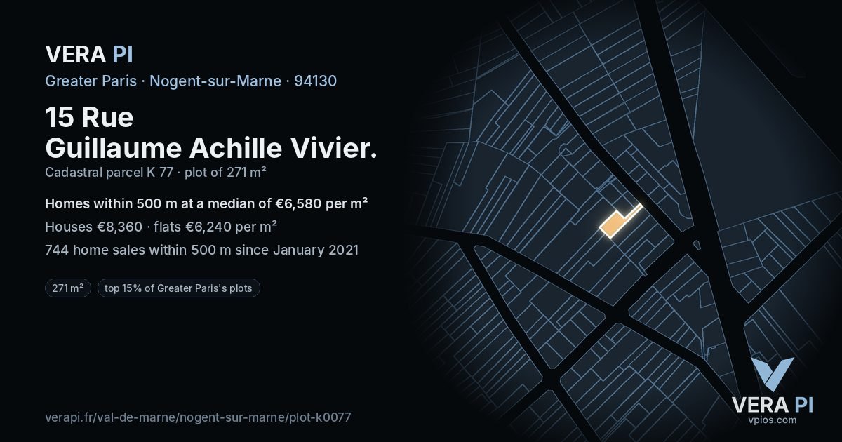15 Rue Guillaume Achille Vivier, Nogent-sur-Marne at night – the plot lit, the parcels around coloured by the prices near them
