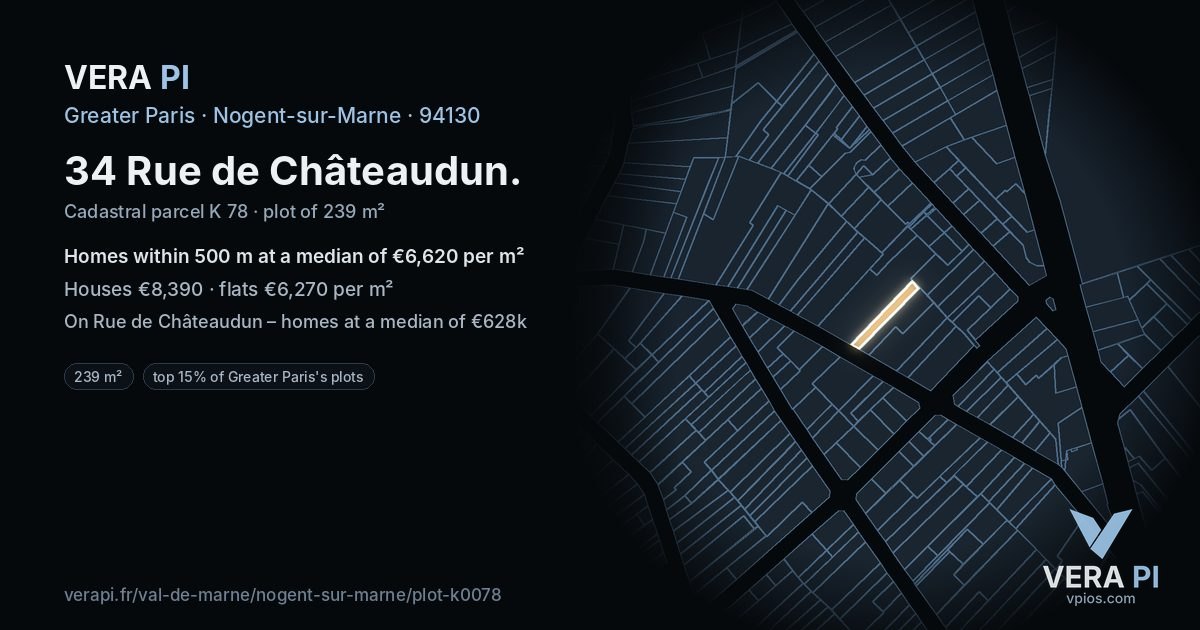 34 Rue de Châteaudun, Nogent-sur-Marne at night – the plot lit, the parcels around coloured by the prices near them