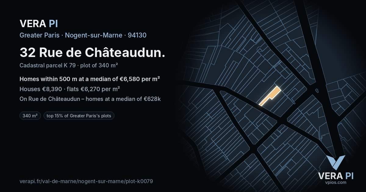 32 Rue de Châteaudun, Nogent-sur-Marne at night – the plot lit, the parcels around coloured by the prices near them