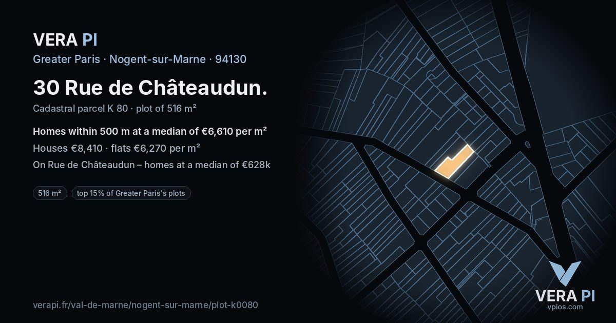 30 Rue de Châteaudun, Nogent-sur-Marne at night – the plot lit, the parcels around coloured by the prices near them
