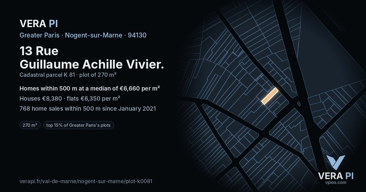 13 Rue Guillaume Achille Vivier, Nogent-sur-Marne at night – the plot lit, the parcels around coloured by the prices near them
