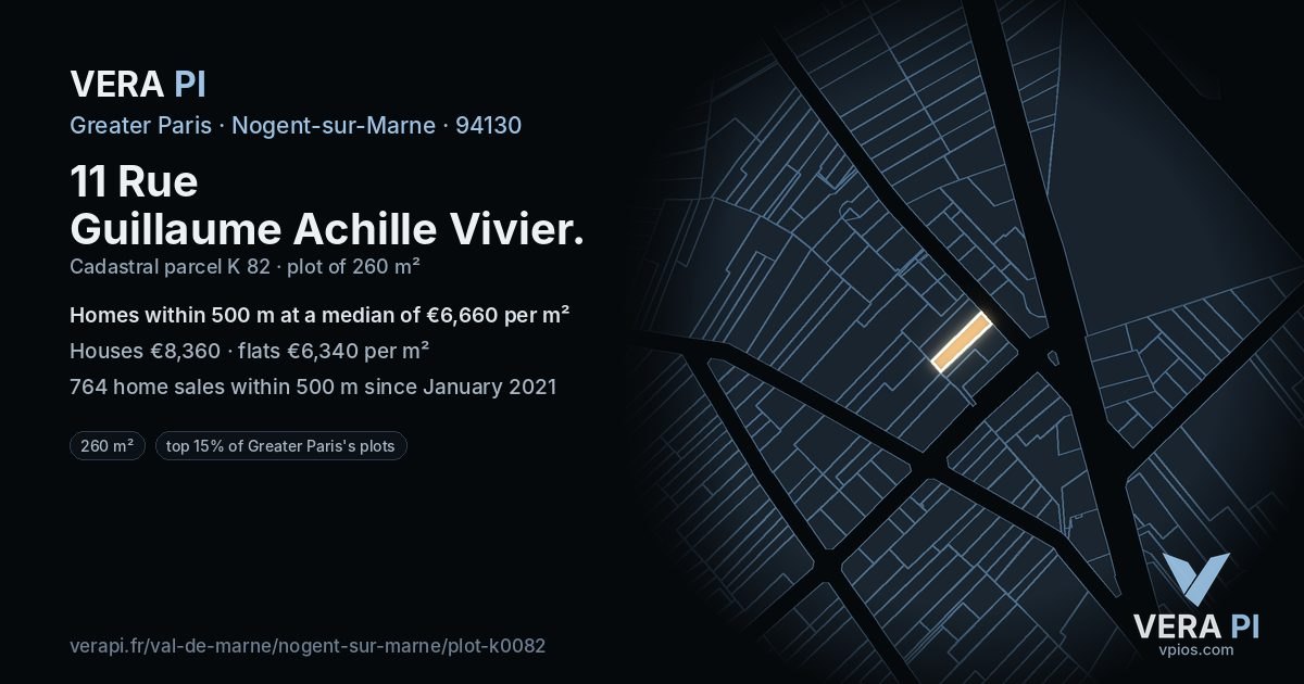 11 Rue Guillaume Achille Vivier, Nogent-sur-Marne at night – the plot lit, the parcels around coloured by the prices near them