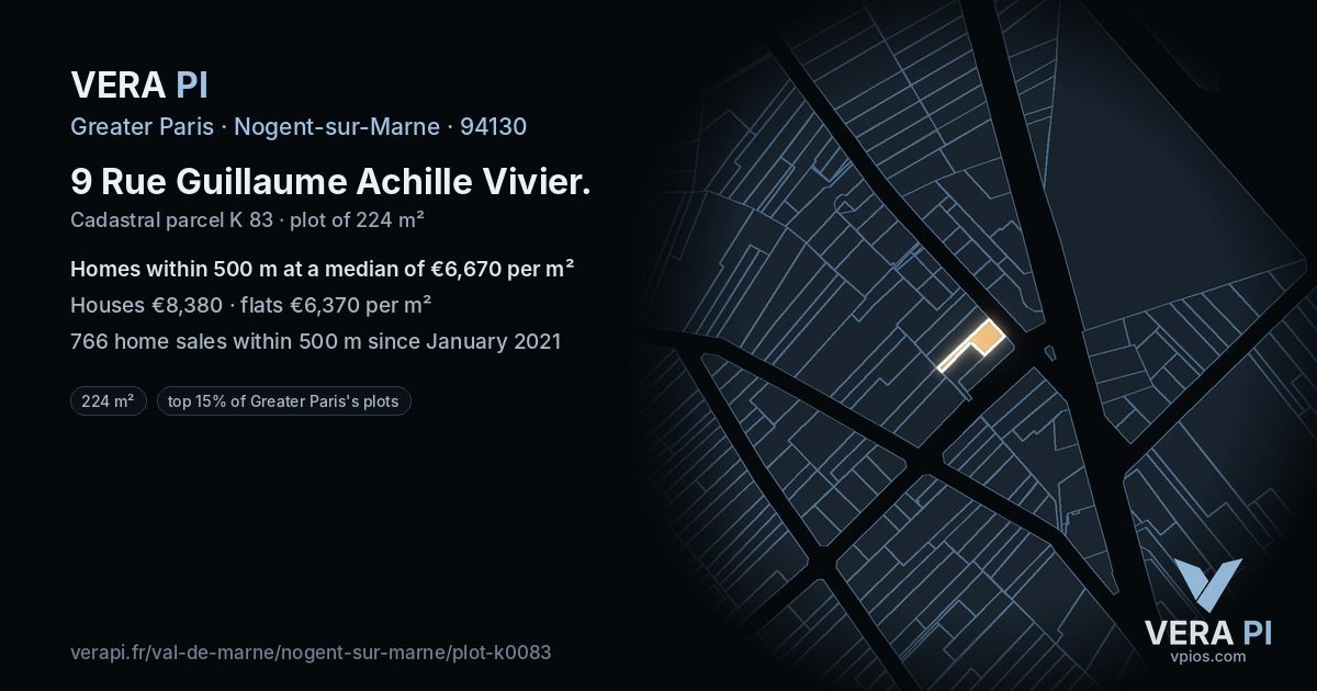 9 Rue Guillaume Achille Vivier, Nogent-sur-Marne at night – the plot lit, the parcels around coloured by the prices near them