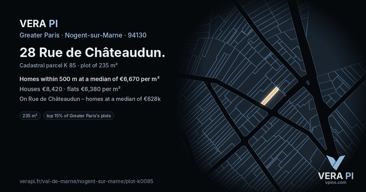 28 Rue de Châteaudun, Nogent-sur-Marne at night – the plot lit, the parcels around coloured by the prices near them
