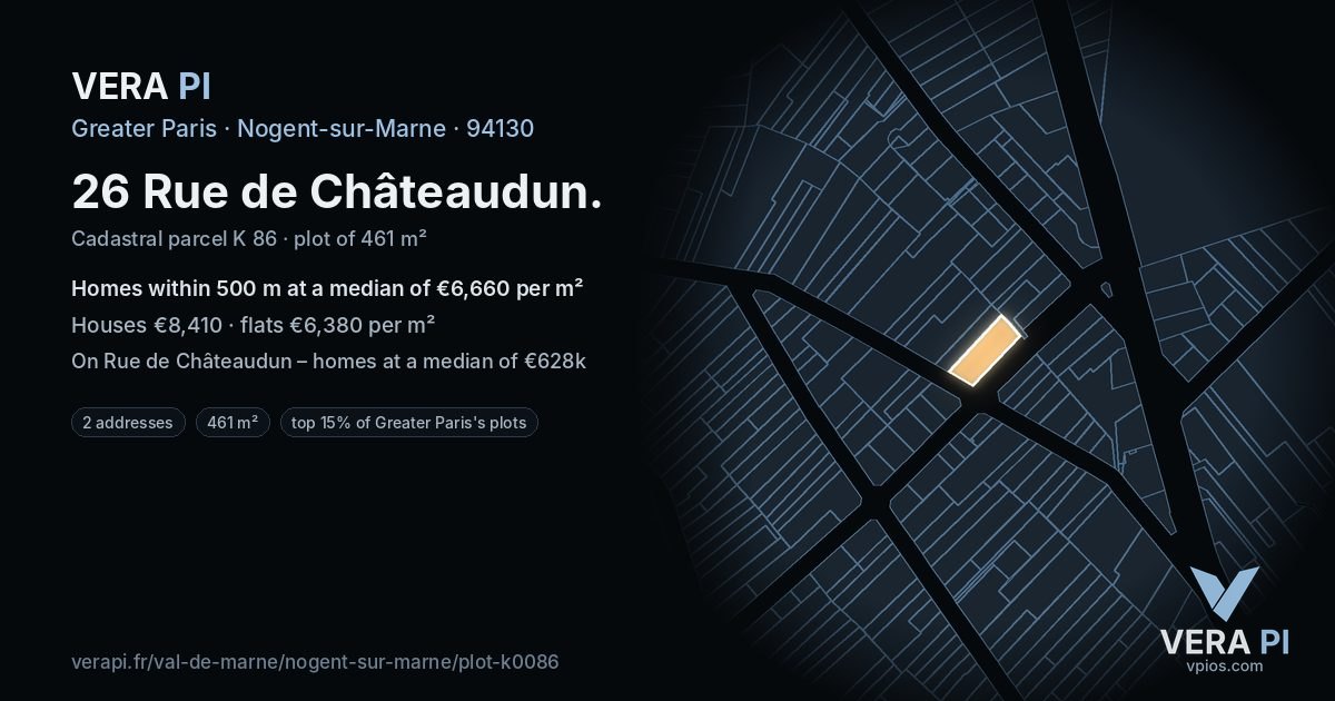 26 Rue de Châteaudun, Nogent-sur-Marne at night – the plot lit, the parcels around coloured by the prices near them