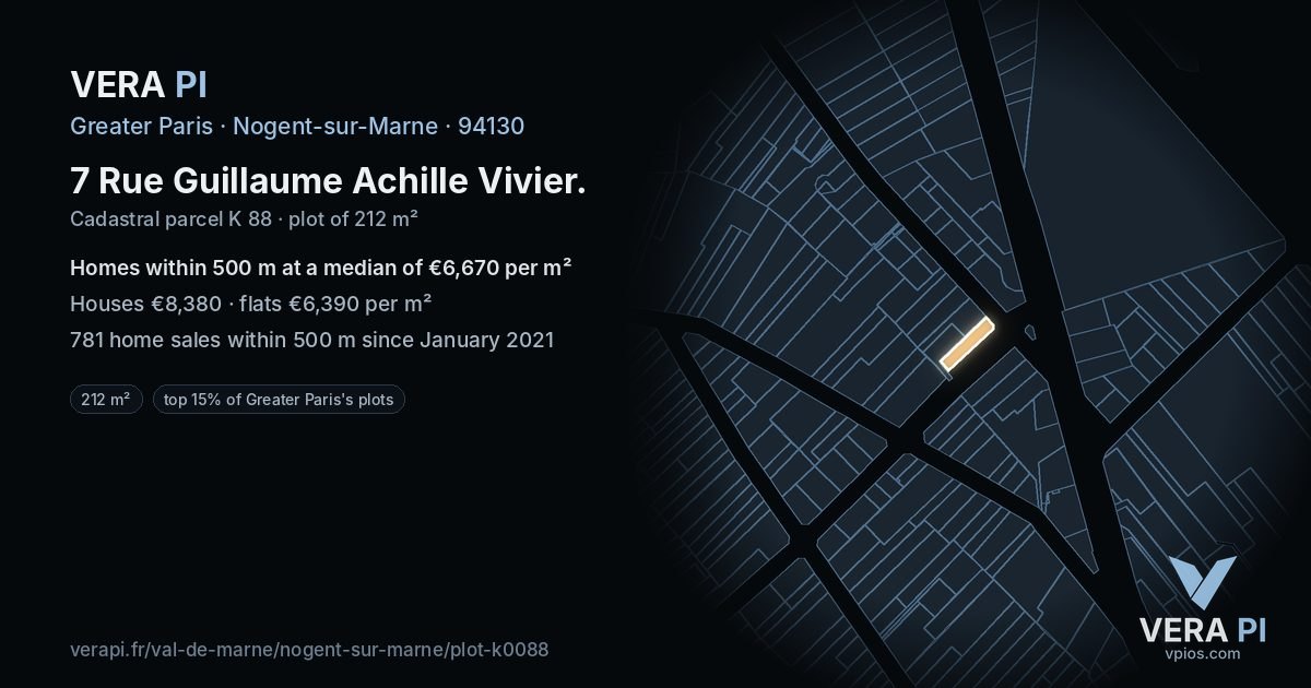 7 Rue Guillaume Achille Vivier, Nogent-sur-Marne at night – the plot lit, the parcels around coloured by the prices near them