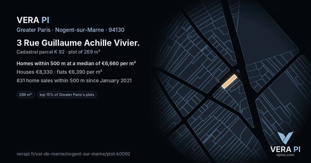 3 Rue Guillaume Achille Vivier, Nogent-sur-Marne at night – the plot lit, the parcels around coloured by the prices near them