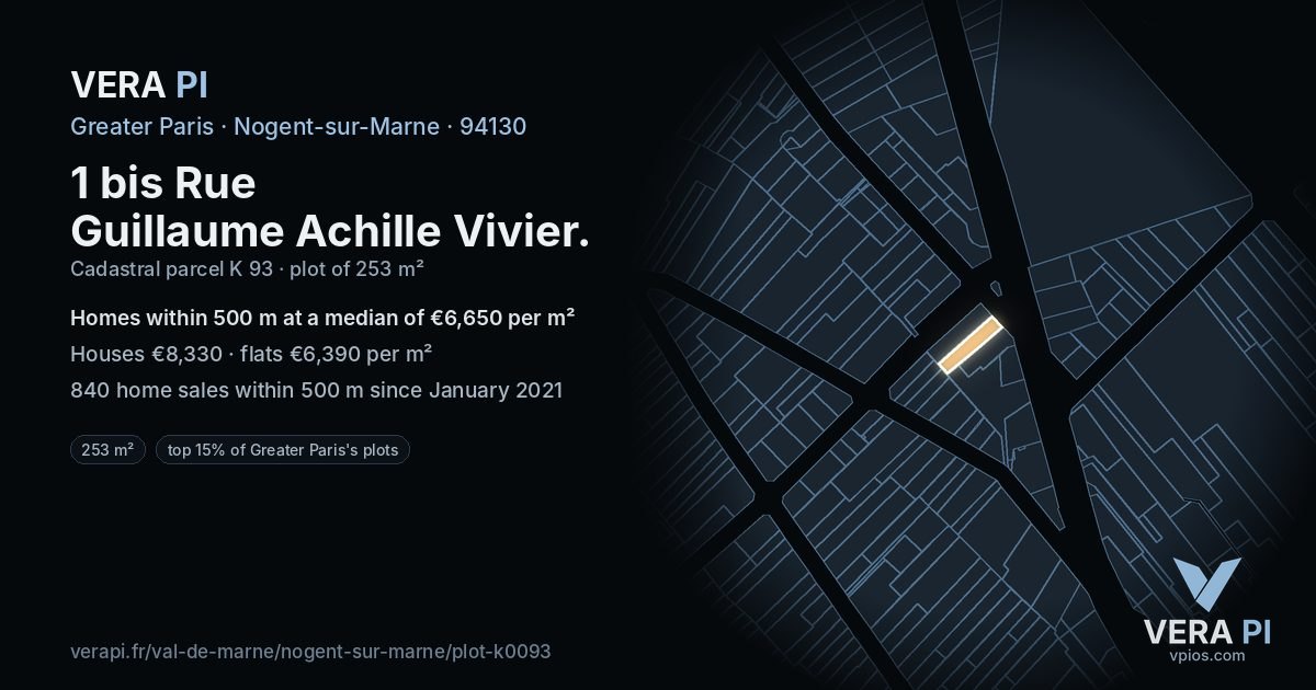 1 bis Rue Guillaume Achille Vivier, Nogent-sur-Marne at night – the plot lit, the parcels around coloured by the prices near them