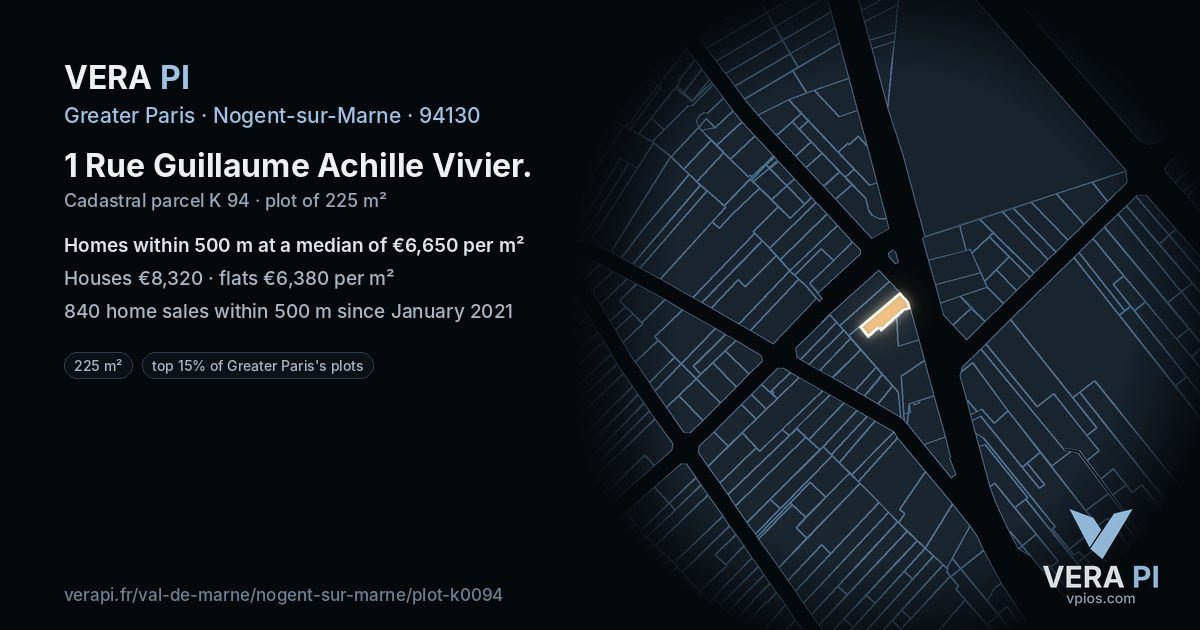 1 Rue Guillaume Achille Vivier, Nogent-sur-Marne at night – the plot lit, the parcels around coloured by the prices near them
