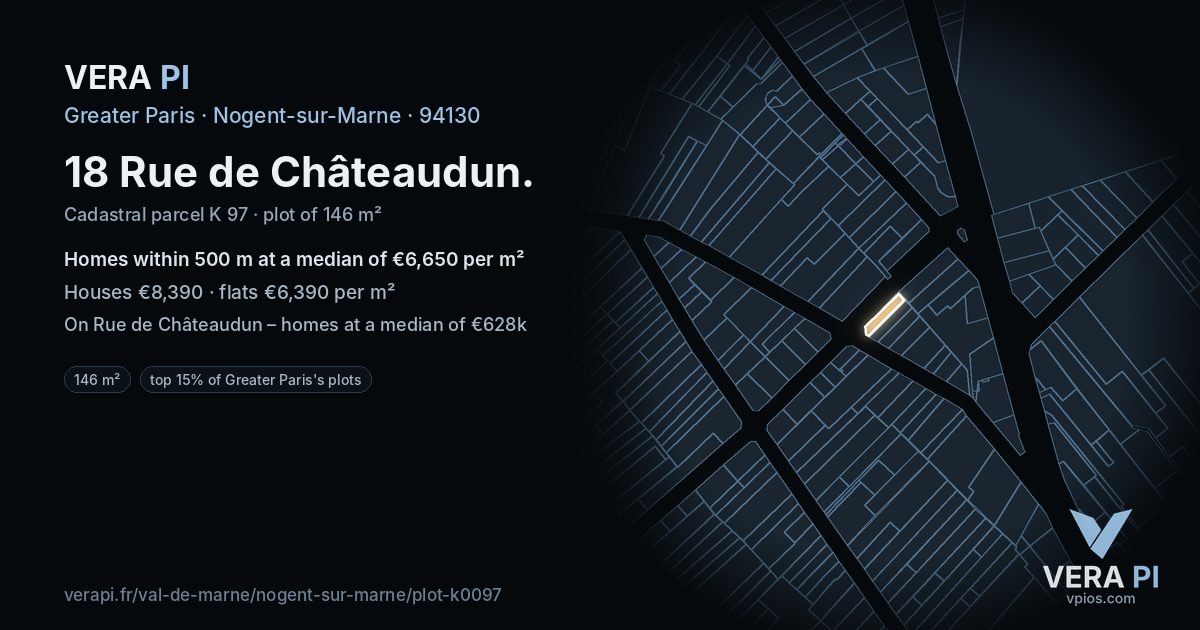 18 Rue de Châteaudun, Nogent-sur-Marne at night – the plot lit, the parcels around coloured by the prices near them