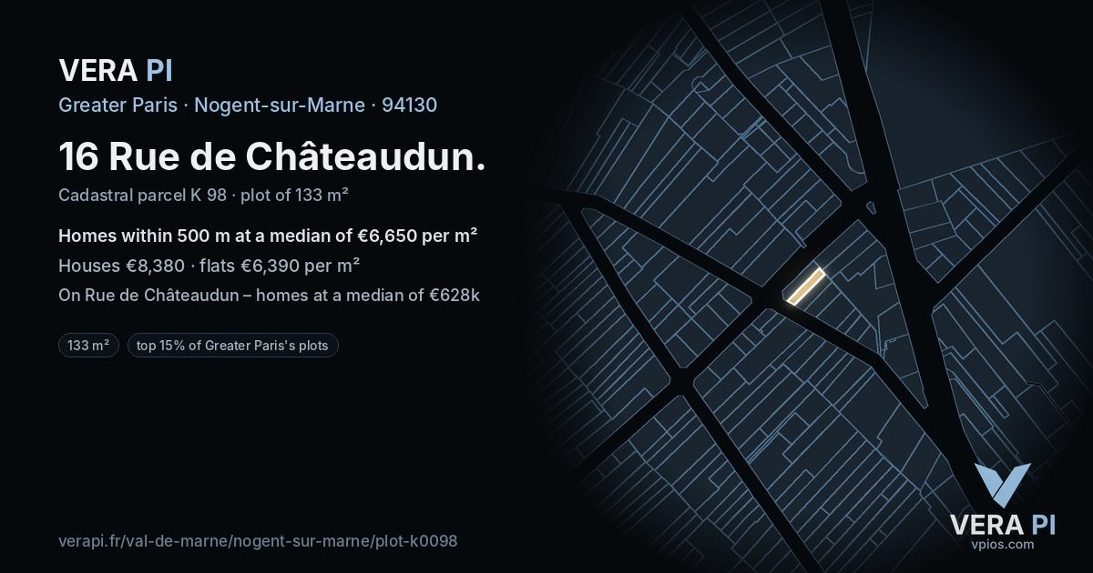 16 Rue de Châteaudun, Nogent-sur-Marne at night – the plot lit, the parcels around coloured by the prices near them