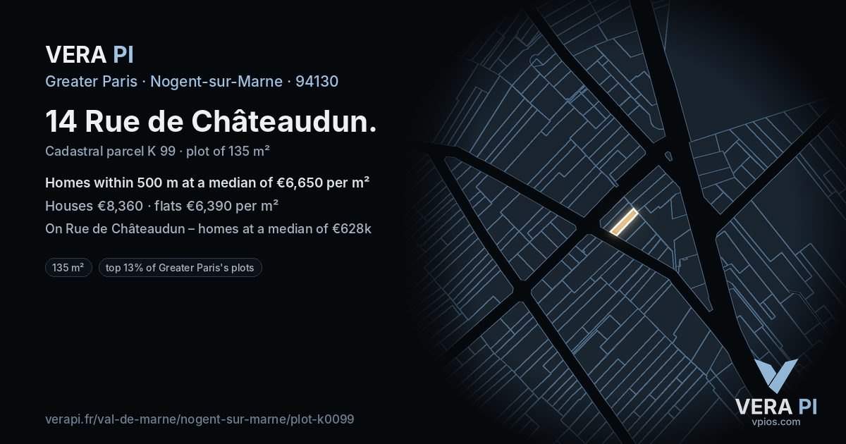 14 Rue de Châteaudun, Nogent-sur-Marne at night – the plot lit, the parcels around coloured by the prices near them