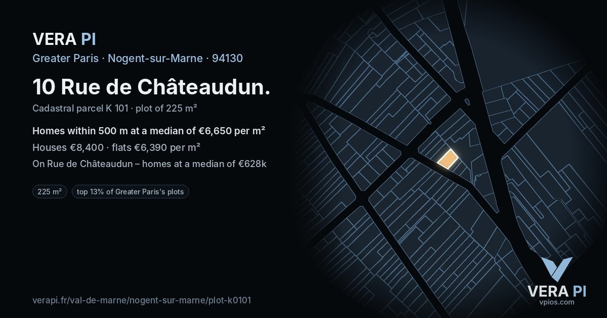 10 Rue de Châteaudun, Nogent-sur-Marne at night – the plot lit, the parcels around coloured by the prices near them