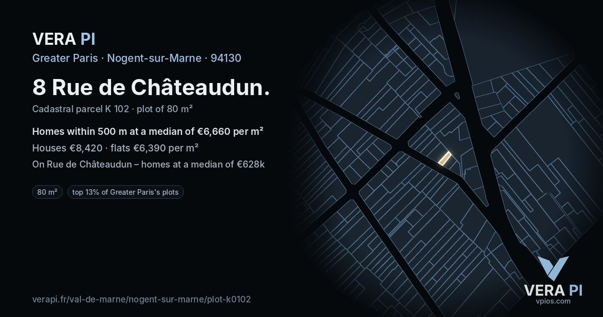 8 Rue de Châteaudun, Nogent-sur-Marne at night – the plot lit, the parcels around coloured by the prices near them