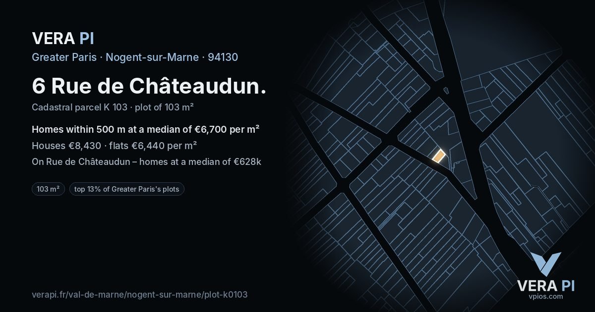 6 Rue de Châteaudun, Nogent-sur-Marne at night – the plot lit, the parcels around coloured by the prices near them