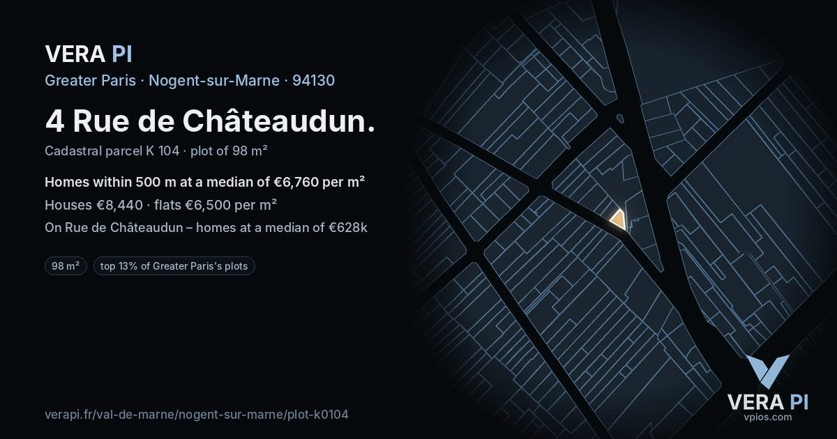 4 Rue de Châteaudun, Nogent-sur-Marne at night – the plot lit, the parcels around coloured by the prices near them