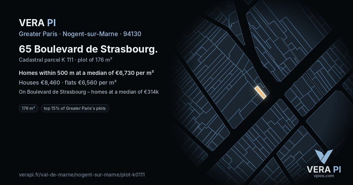 65 Boulevard de Strasbourg, Nogent-sur-Marne at night – the plot lit, the parcels around coloured by the prices near them