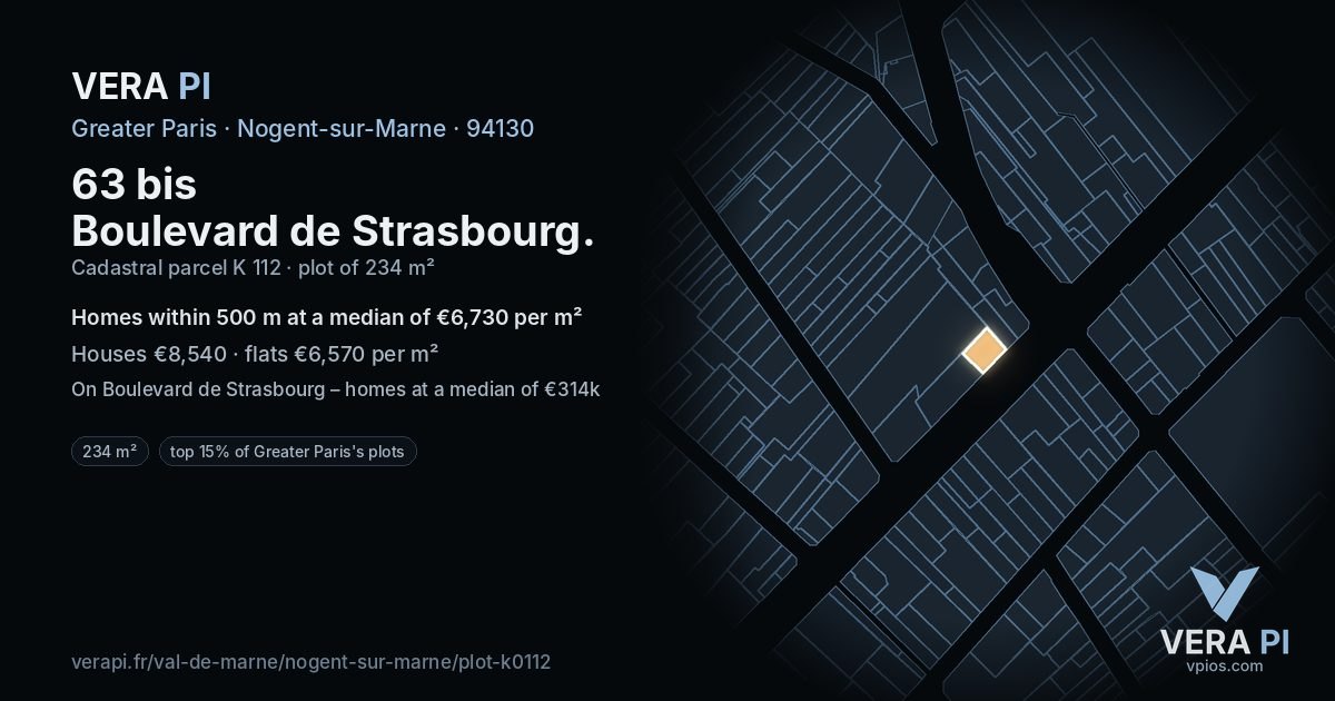 63 bis Boulevard de Strasbourg, Nogent-sur-Marne at night – the plot lit, the parcels around coloured by the prices near them